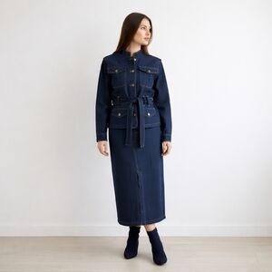 Vintage 90s Denim Skirt Suit Size 16 Y2K Blue Dark Wash Safari Paleontologist